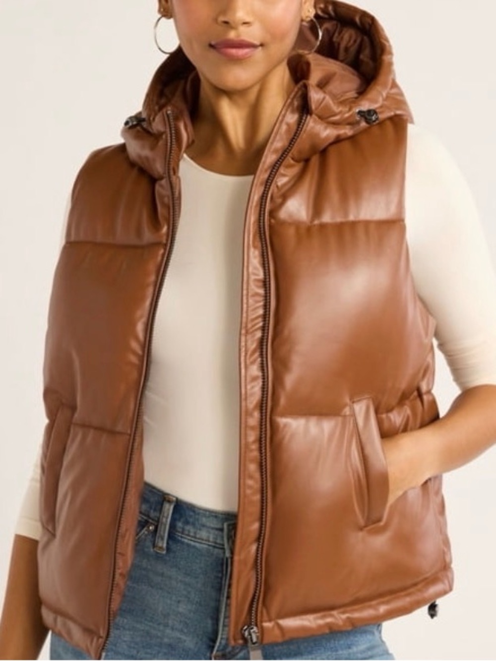 Leather-Look Cognac Quilted Hooded Puffer Vest
